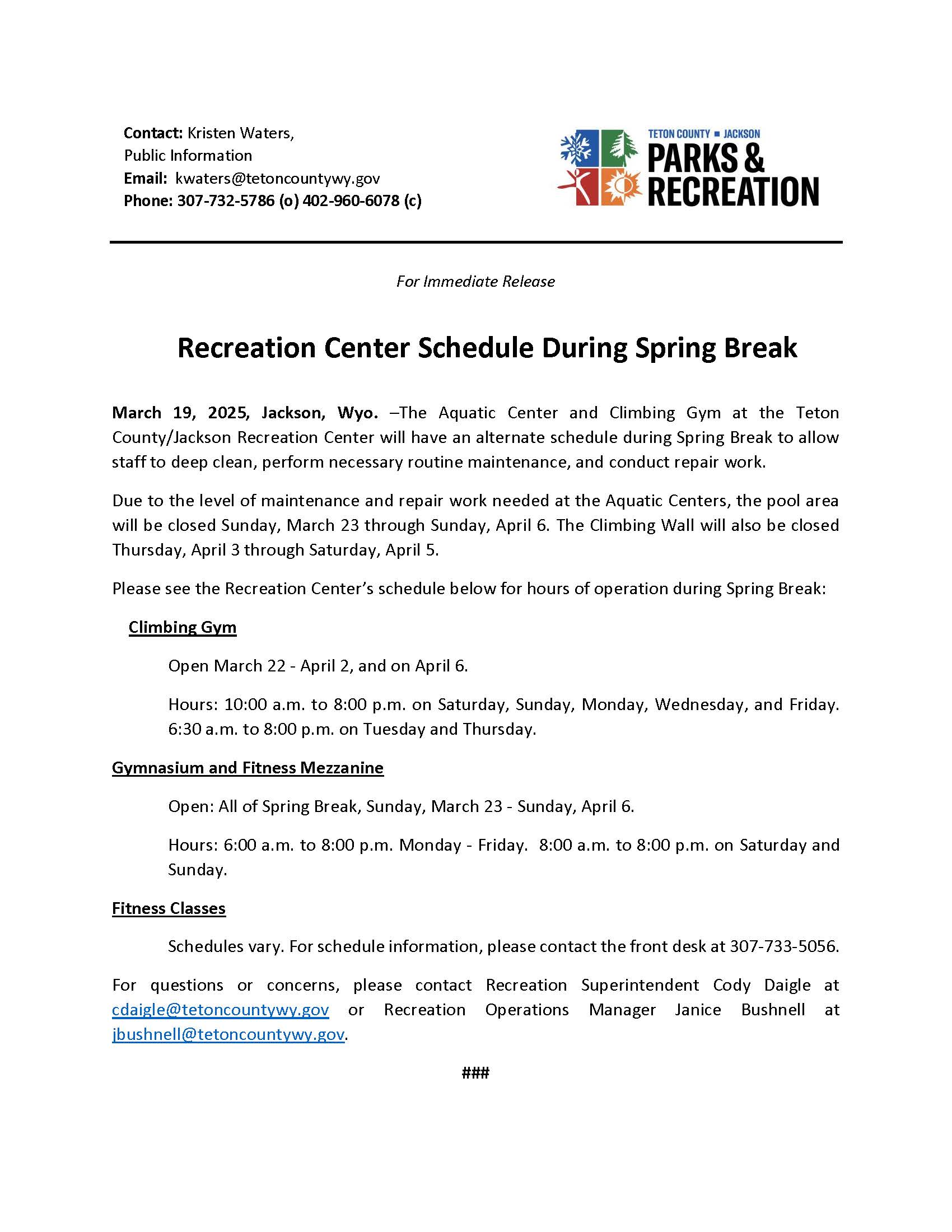 Spring Break 2025 Rec Center Schedule 03192025